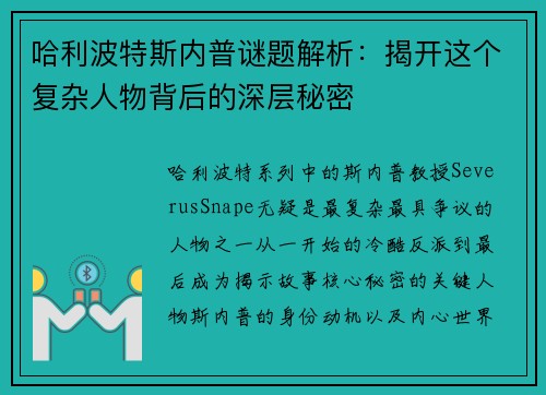 哈利波特斯内普谜题解析：揭开这个复杂人物背后的深层秘密